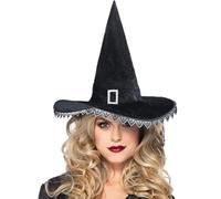 Halloween Witch Hat for Women Black Large Ruched Pointed Hat Wizard Hat Silk Satin Vampire Halloween Costume Fancy Dress Cap Pretender Party Carnivals Cosplay Ghost Costume Wicked Hat with Pendant