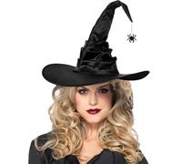 Halloween Witch Hat for Women Black Large Ruched Pointed Hat Wizard Hat Silk Satin Vampire Halloween Costume Fancy Dress Cap Pretender Party Carnivals Cosplay Ghost Costume Wicked Hat with Pendant