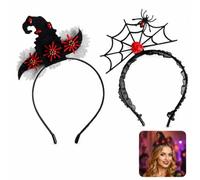 Halloween Witch Hat Headband, 2 Pcs Witches Hat Headband Halloween Decor | Halloween Decorations, Web Lace Spider Red Gem Headband, Red Gem Lace Flower Headband for Halloween Fancy Dress Party