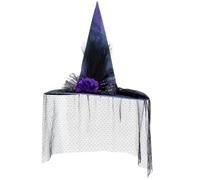 Halloween Witch Hat Mesh Flower Feather Costume Accessory 18.1x16.9in | Memory wire brim holds the hat's enchanting silhouette all night, so your look stays polished from party to parade.