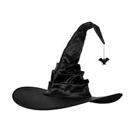 Halloween Witch Hat Pleated Wizard Cap Elegant Witches Costume Accessories Witch Cap with Bat Pointed Wizard Hats Wide Brim Witches Hat for Women Girls Halloween Party Carnival Cosplay Fancy Dress