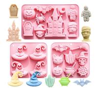 Halloween Witch Hat Silicone Molds, 3 Pack Nonstick Chocolate Candy Molds with Spooky Shapes Haunted House Mummy Bat Ghost Pumpkin Designs, for Baking Ice Cube Soap