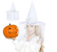 Halloween Witch Hat - White Witch Hat with Veil | Wizardd Hats Tulle Floral Fancy | Festive Halloween Women Witches Hats | Wizardd Hatt for Halloweenn Costume, Cosplay, Parties