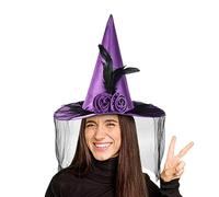 Halloween Witch Hat - Witch Costume Hat with Half Veil and Flower | Halloween Headwear for Holiday Parade Themed Wedding Fantasy Festival Haunted House