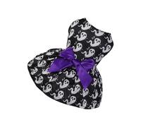 Halloween Witch Hat with Ghost Print and Purple Bow, Polyester Costume Hat | A black pointed hat is covered in white ghost motifs and finished with a wide purple bow around its base for a