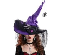 Halloween Witch Hats - Lace Wide Brim Pointed Headdress, Velvet Spider Bone Decor Costume Hat, Elegant Festive Accessory for Masquerade Party Prom Holiday Indoor Outdoor Decoratio