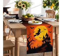 Halloween Witch Haunted Castle Table Runner 120 Inches Long, Dead Trees on Orange Washable Table Runners Heat-Insulation Kitchen Dining Table Decorations for Home Party Decor 13x120in
