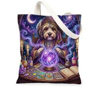 Halloween Witch Havanese Dog Canvas Tote Bag for Shopping 13x15, Witchy Puppy Scary Tarot Reusable Grocery Print Bag for Women, Spooky Aesthetic Painting Gift Decor