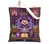 Halloween Witch Hedgehog Canvas Tote Bag for Shopping 13x15, Retro Fun Magic Creepy Witchy Reusable Grocery Print Pattern Bag for Women, Spooky Aesthetic Painting Gift Decor