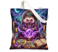 Halloween Witch Hedgehog Canvas Tote Bag for Shopping 13x15, Scary Creepy Witchy Tarot Reusable Grocery Print Bag for Women, Spooky Aesthetic Painting Gift Decor