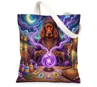 Halloween Witch Irish Setter Dog Canvas Tote Bag for Shopping 13x15, Witchy Puppy Scary Tarot Reusable Grocery Print Bag for Women, Spooky Aesthetic Painting Gift Decor