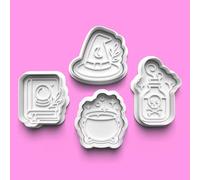 Halloween Witch Kitchen Themed Cookie Cutter Set: Cauldron Cat Witch Hat Fondant Stamp