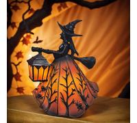 Halloween Witch Lamp - Gothic Spooky Stained Glass LED Decor, Witch Holding Lantern, Small Handmade Tabletop Light for Shelf/Mantel/Porch, Haunted House Centerpiece & Party Gift