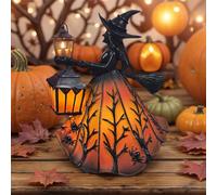 Halloween Witch Lamp - Gothic Spooky Stained Glass LED Decor, Witch Holding Lantern, Small Handmade Tabletop Light for Shelf/Mantel/Porch, Haunted House Centerpiece & Party Gift