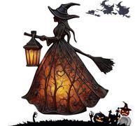 Halloween Witch Lamp, Stained Glass Gothic 3D Witch Lamp with Holding Lantern, Spooky Resin Witches Standing Led Night Light, Spooky Decorative Table Lamps for Home Porch Tabletop Party Decor