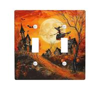 Halloween Witch Light Switch Cover Plates/Outlet Covers, Orange Haunted Village for Wall Accents, Thermoplastic Wall Plates, Standard Size Double Toggle