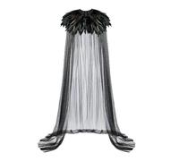Halloween Witch Long Cape Feather Collar Tulle Cape for Women Cosplay Gothic Vampire Forest Elf Mardi Gras Costume Party Fantasy Wedding Theme Cloak (Black)