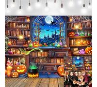 Halloween Witch Magic Backdrop Halloween Bookshelf Pumpkin Window Witch Spooky Castle Background for Kids Adults Hallowmas Magic Party Decorations Photo Props Background (8X6FT (240x180cm))