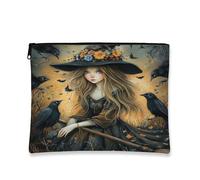 Halloween Witch Makeup Bag 7x9 Inch for Travel Purse, Anime Fun Magic Funky Witchy Pattern Cosmetic Pouch for Women, Fantasy Scary Scenic Portable Canvas Zipper Organizer