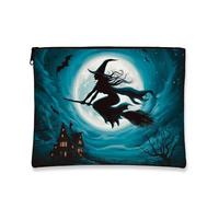 Halloween Witch Makeup Bag Enchanted Night Sky Portable Cosmetic Pouch for Women Scary Design Travel Toiletry Organizer Festival Gift for Women, Black / White, 7x9 Inch, Witch