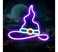 Halloween Witch Neon Sign - IMEGINA Dimmable Wizard Hat Neon Signs for Wall Decor 13.3x11.8 Inch, USB Powered LED Neon Light for Bedroom Party Decor Kids Game Room Bar, Purple