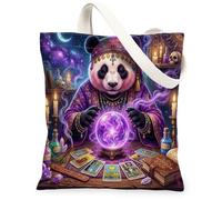 Halloween Witch Panda Canvas Tote Bag for Shopping 13x15, Scary Creepy Witchy Tarot Reusable Grocery Print Bag for Women, Spooky Aesthetic Painting Gift Decor