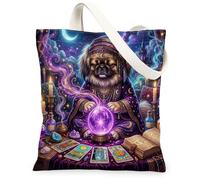 Halloween Witch Pekingese Dog Canvas Tote Bag for Shopping 13x15, Witchy Puppy Scary Tarot Reusable Grocery Print Bag for Women, Spooky Aesthetic Painting Gift Decor