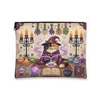 Halloween Witch Persians Cat Makeup Bag 7''x9'' for Travel Purse, Retro Fun Magic Witchy Cosmetic Pouch for Women Gift, Spooky Portable Canvas Zipper Organizer Toiletry Pouch