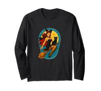 Halloween Witch Pinup Riding Broom with Black Cat Long Sleeve T-Shirt