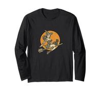 Halloween Witch Pinup Riding Broom with Black Cat Long Sleeve T-Shirt