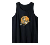 Halloween Witch Pinup Riding Broom with Black Cat Tank Top
