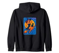 Halloween Witch Pinup Riding Broom with Black Cat Zip Hoodie