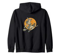 Halloween Witch Pinup Riding Broom with Black Cat Zip Hoodie