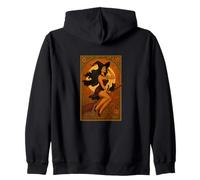 Halloween Witch Pinup Riding Broom with Black Cat Zip Hoodie