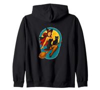Halloween Witch Pinup Riding Broom with Black Cat Zip Hoodie