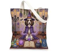 Halloween Witch Poodle Dog Canvas Tote Bag for Shopping 13x15, Retro Fun Magic Witchy Reusable Grocery Print Pattern Bag for Women, Spooky Aesthetic Painting Gift Decor