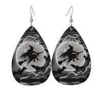 Halloween Witch Print Leather Dangle Earrings for Women - Lightweight Teardrop Fashion Statement Earrings