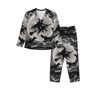 Halloween Witch Printing Pajama Sets For Women,Soft Long Sleeve Top With Pants Pjs,Loungewear Sleepwear S To Xxl Black