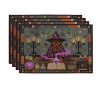 Halloween Witch Rottweilers Dog Placemats Set of 4, 12x18 Inch, Retro Fun Magic Witchy 4Pcs Soft Table Mats for Home Dinning, Spooky Holiday Party Kitchen Print Pattern Decor