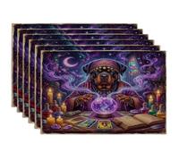Halloween Witch Rottweilers Dog Placemats Set of 6, 12x18 Inch, Witchy Puppy Scary Tarot 6Pcs Table Mats for Home Dinning, Spooky Holiday Party Kitchen Print Pattern Decor