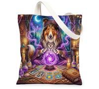 Halloween Witch Rough Collie Dog Canvas Tote Bag for Shopping 13x15, Witchy Puppy Scary Tarot Reusable Grocery Print Bag for Women, Spooky Aesthetic Painting Gift Decor