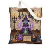 Halloween Witch Russian Blue Cat Canvas Tote Bag for Shopping 13x15, Retro Fun Magic Witchy Reusable Grocery Print Pattern Bag for Women, Spooky Aesthetic Painting Gift Decor
