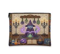 Halloween Witch Russian Blue Cat Makeup Bag 7''x9'' for Travel Purse, Retro Fun Magic Witchy Cosmetic Pouch for Women Gift, Spooky Portable Canvas Zipper Organizer Toiletry Pouch