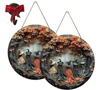 Halloween Witch Scene Wall Decor, Decorative Hanging Sign with Autumn Leaves, Round 3D Design for Door and Indoor Display (11.8in *2)