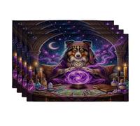 Halloween Witch Shetland Sheepdog Dog Placemats Set of 4, 12x18 Inch, Witchy Puppy Scary Tarot 4Pcs Table Mats for Home Dinning, Spooky Holiday Party Kitchen Print Pattern Decor