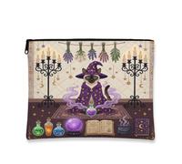 Halloween Witch Siamese Cat Makeup Bag 7''x9'' for Travel Purse, Retro Fun Magic Witchy Cosmetic Pouch for Women Gift, Spooky Portable Canvas Zipper Organizer Toiletry Pouch