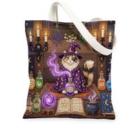 Halloween Witch Siberian Cat Canvas Tote Bag for Shopping 13x15, Retro Fun Magic Witchy Reusable Grocery Print Pattern Bag for Women, Spooky Aesthetic Painting Gift Decor