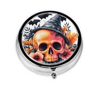 Halloween Witch Skull Bat Round Pill Box with 3 Compartments, Mini Metal Pill Organizer for Purse or Pocket, Lightweight Portable for Daily Use Gifts Travel