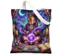 Halloween Witch Squirrel Canvas Tote Bag for Shopping 13x15, Scary Creepy Witchy Tarot Reusable Grocery Print Bag for Women, Spooky Aesthetic Painting Gift Decor