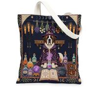 Halloween Witch St. Bernard Dog Canvas Tote Bag for Shopping 13x15, Retro Fun Magic Witchy Reusable Grocery Print Pattern Bag for Women, Spooky Aesthetic Painting Gift Decor